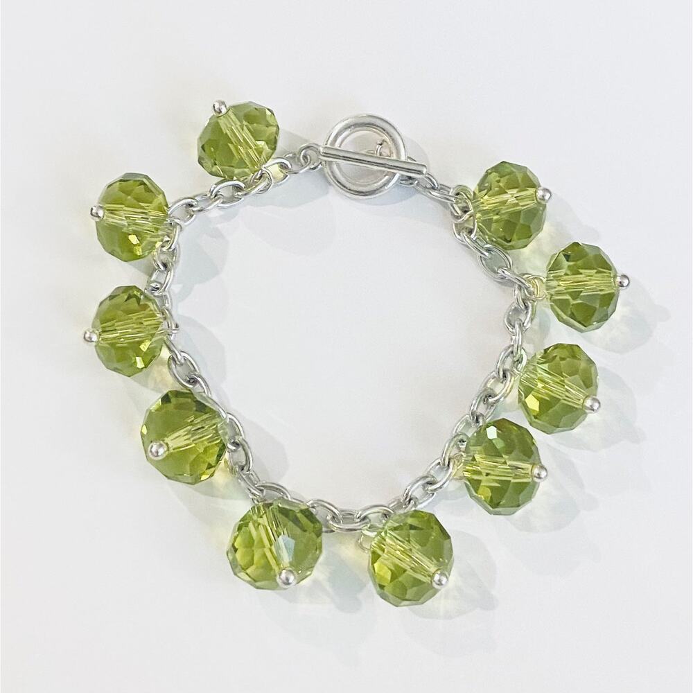 Olive Green Glass Beads Silver Toggle Bracelet